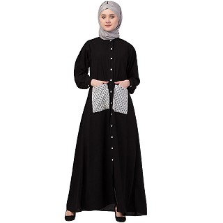 Front open abaya with white patch pocket- Black